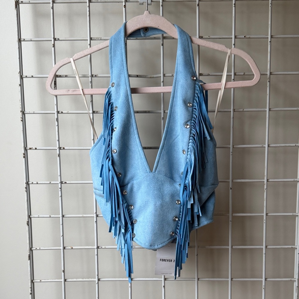 NWT F21 Light Blue Fringe Halter Crop Top Size small
